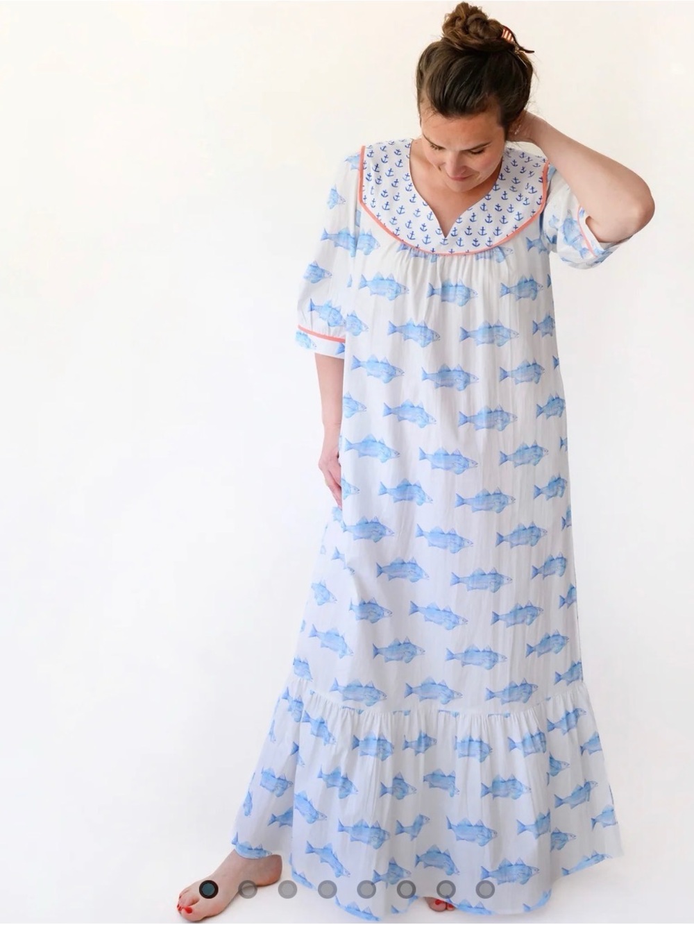White Maxi Dress with Blue Fish Print and Coral Trim